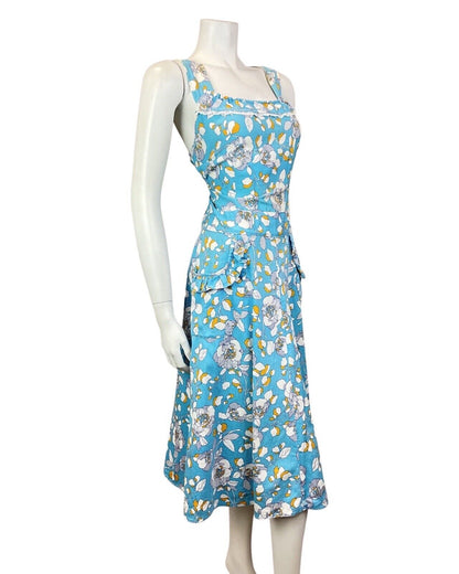 VINTAGE 60s 70s BLUE WHITE GOLD FLORAL LACE PINAFORE SUMMER DRESS 12 14