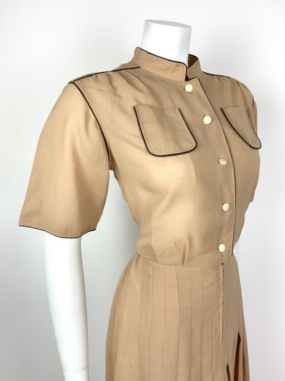 VINTAGE 70s 80s CAMEL BROWN MANDARIN COLLAR PLEATED SUMMER SHIRT DRESS 10
