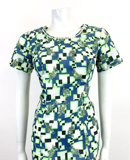 VINTAGE 60s 70s BLUE NEON GREEN WHITE GEOMETRIC FLORAL PIXEL MOD SHORT DRESS 14