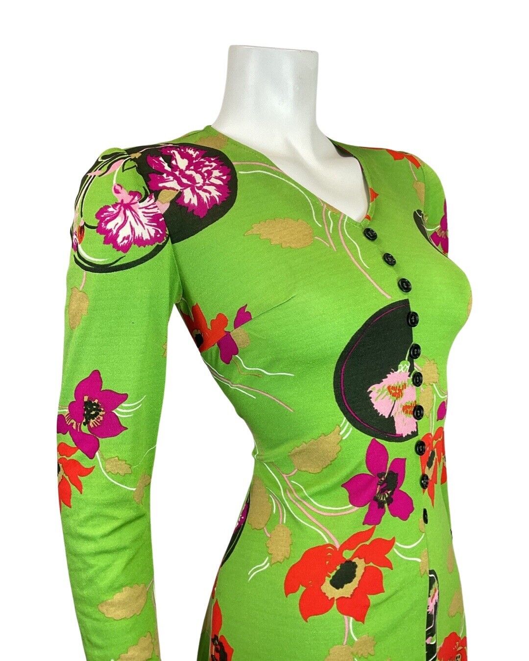 VINTAGE 60s 70s GREEN RED BLACK FLORAL BUTTON-UP SKATER SWING DRESS 8 10