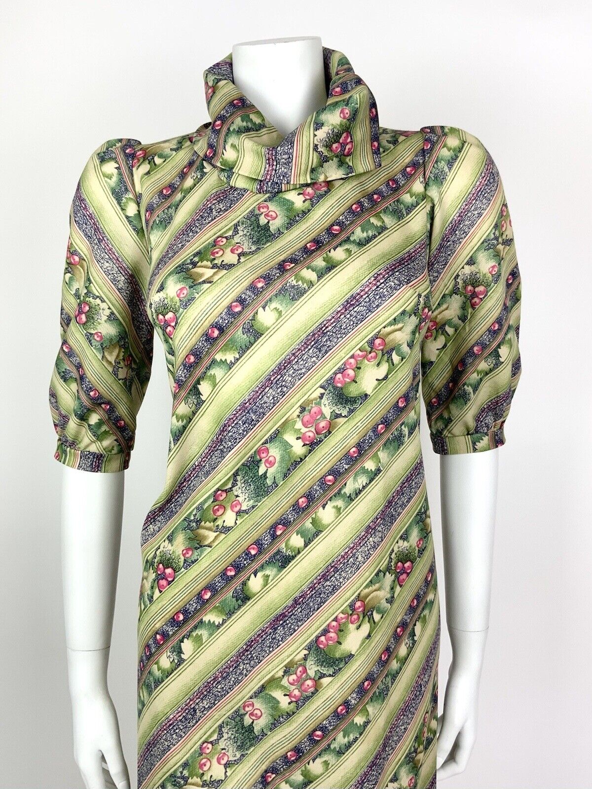 VTG 60s 70s GREEN PINK BLUE STRIPED SQUIGGLE BERRY LEAFY COWL A-LINE DRESS 10 12
