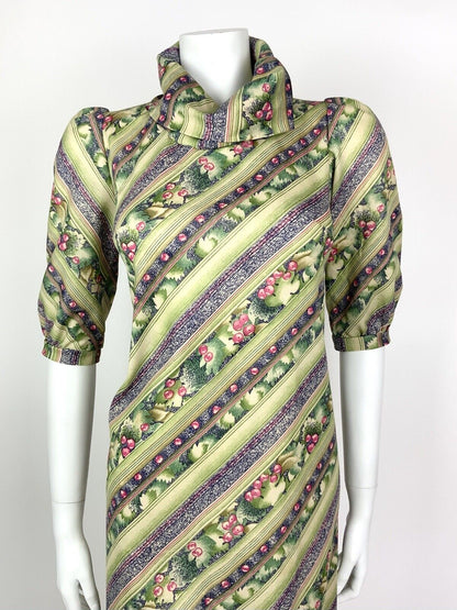 VTG 60s 70s GREEN PINK BLUE STRIPED SQUIGGLE BERRY LEAFY COWL A-LINE DRESS 10 12