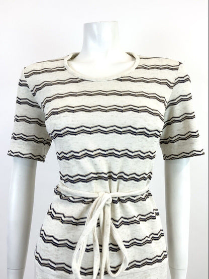 VINTAGE 60s 70s CREAM BLUE WHITE ZIG-ZAG STRIPED KNITTED DROP WAIST DRESS 14 16