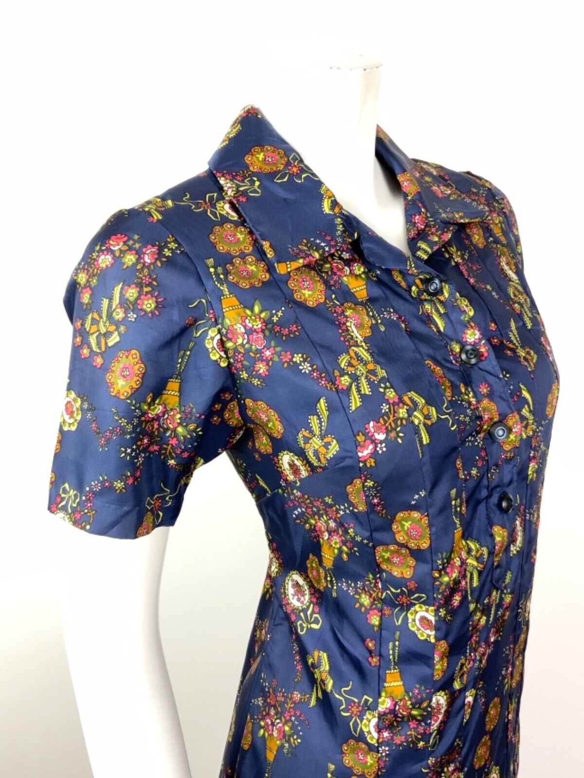VINTAGE 60s 70s BLUE YELLOW BRONZE PINK FLORAL CAMEO BOW DAGGER SHIRT DRESS 12