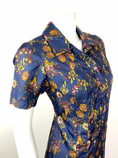 VINTAGE 60s 70s BLUE YELLOW BRONZE PINK FLORAL CAMEO BOW DAGGER SHIRT DRESS 12