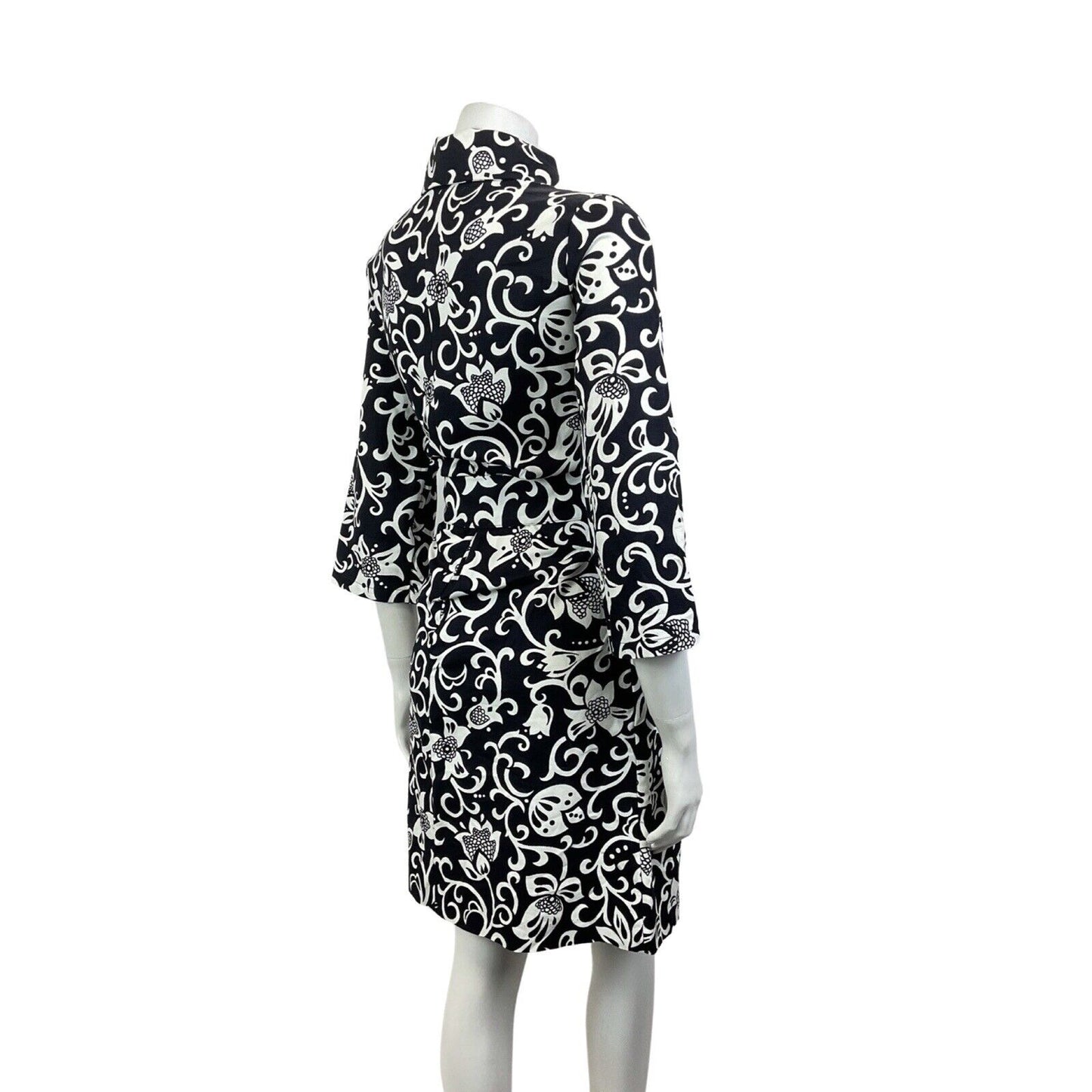 VINTAGE 60s 70s BLACK WHITE PSYCHEDELIC FLORAL SWIRL VINE MOD SHIRT DRESS 12 14