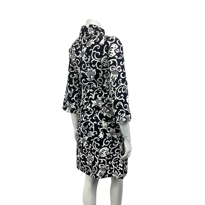 VINTAGE 60s 70s BLACK WHITE PSYCHEDELIC FLORAL SWIRL VINE MOD SHIRT DRESS 12 14