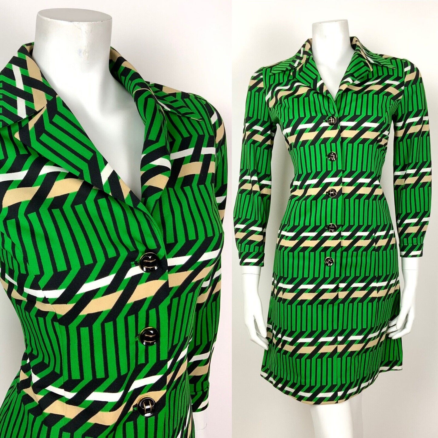 VTG 60s 70s GREEN BLACK WHITE BEIGE GEOMETRIC MOD STRIPED DAGGER SHIRT DRESS 10