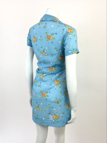 VTG 60s 70s BABY BLUE WHITE ORANGE FLORAL BUTTERFLY MOD SHEER SHIRT DRESS 10 12