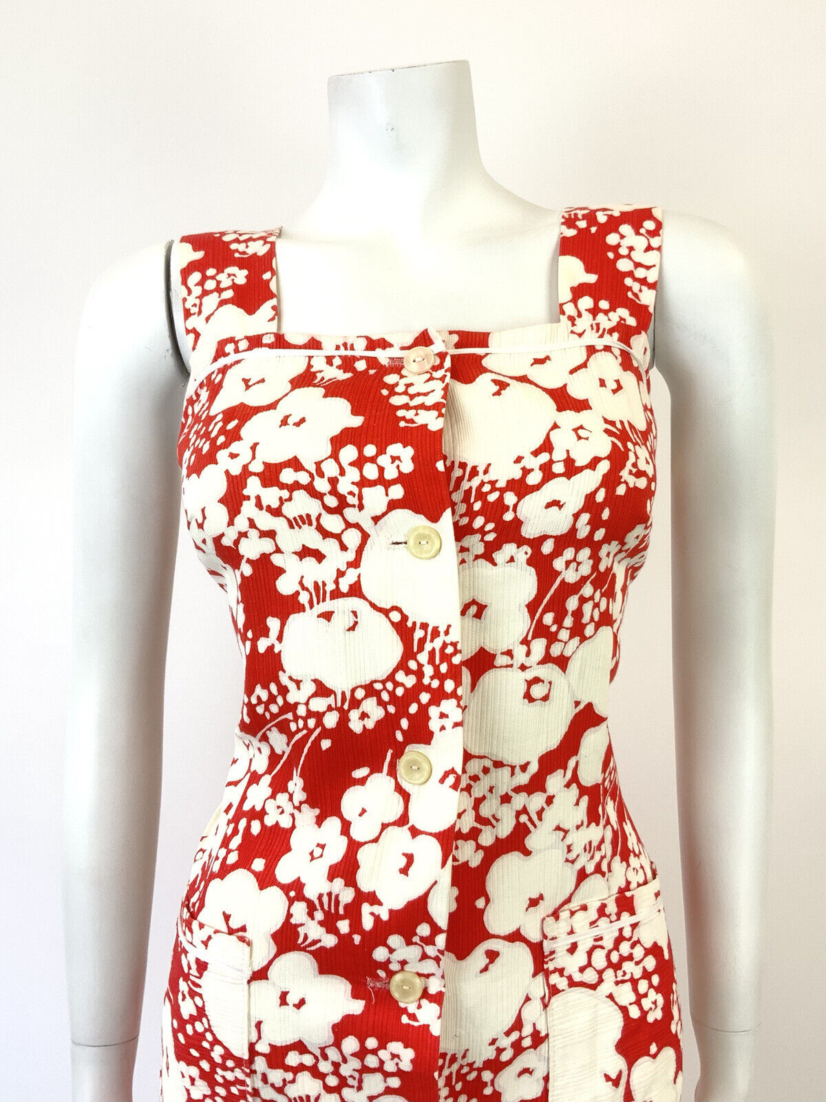 VINTAGE 60s 70s RED WHITE FLORAL PSYCHEDELIC PINAFORE SUMMER SUN DRESS 12
