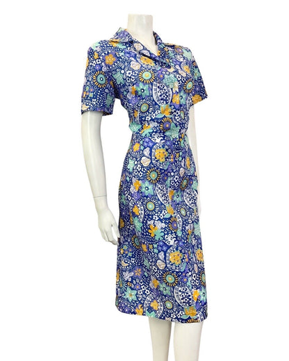 VINTAGE 60s 70s BLUE GREEN WHITE PSYCHEDELIC FLORAL MANDALA SHIRT DRESS 16