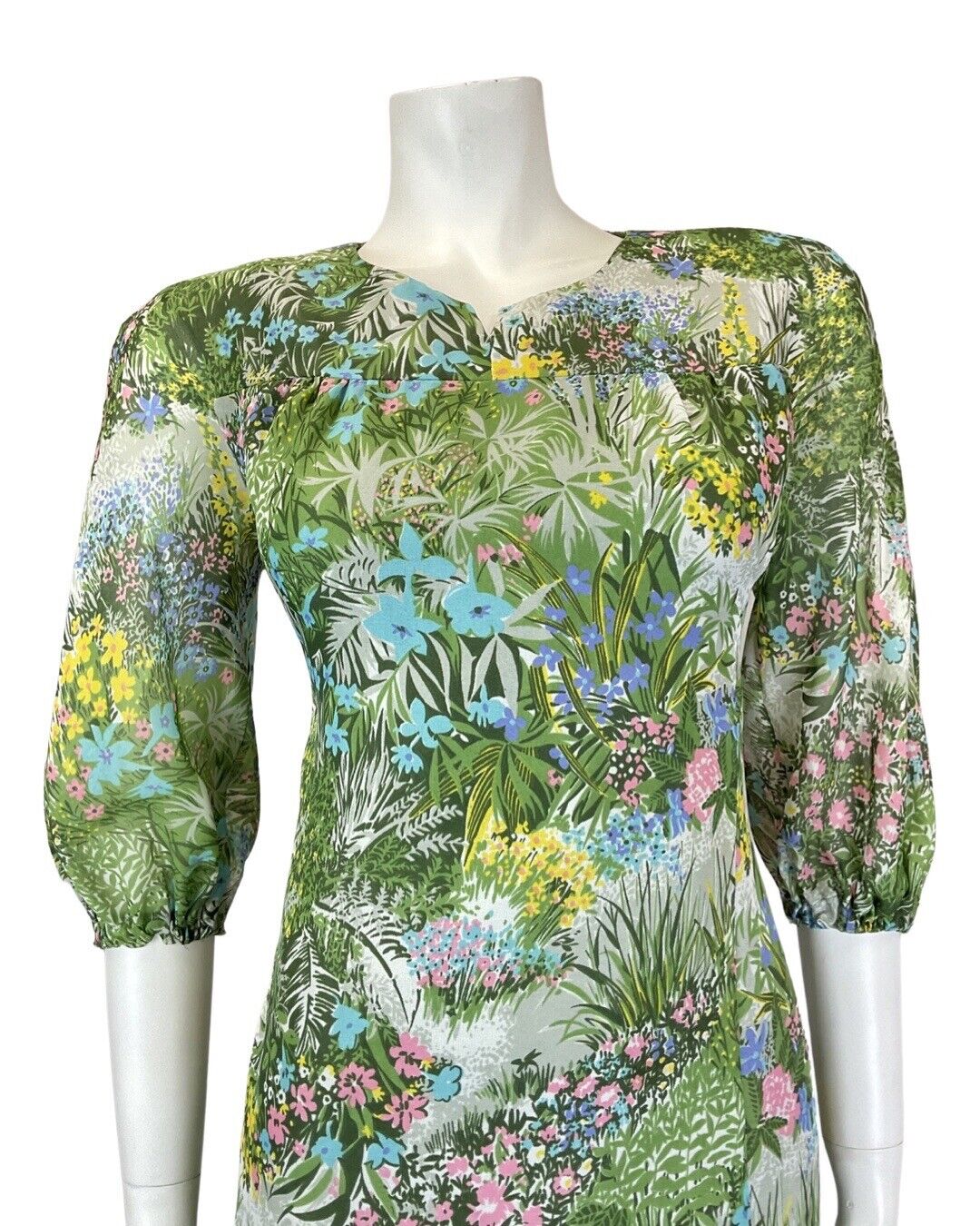 VINTAGE 60s 70s GREEN PINK BLUE GARDEN FLORAL GRASS SHEER FLOATY DRESS 12 14