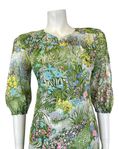 VINTAGE 60s 70s GREEN PINK BLUE GARDEN FLORAL GRASS SHEER FLOATY DRESS 12 14