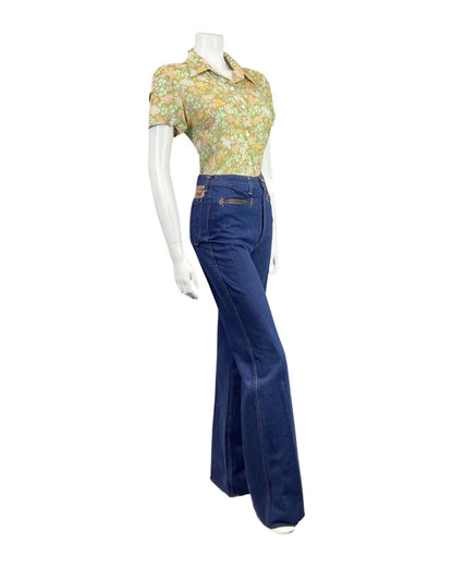 VINTAGE 60s 70s GREEN PINK YELLOW FLORAL BOTANICAL PRAIRIE BLOUSE 12 14