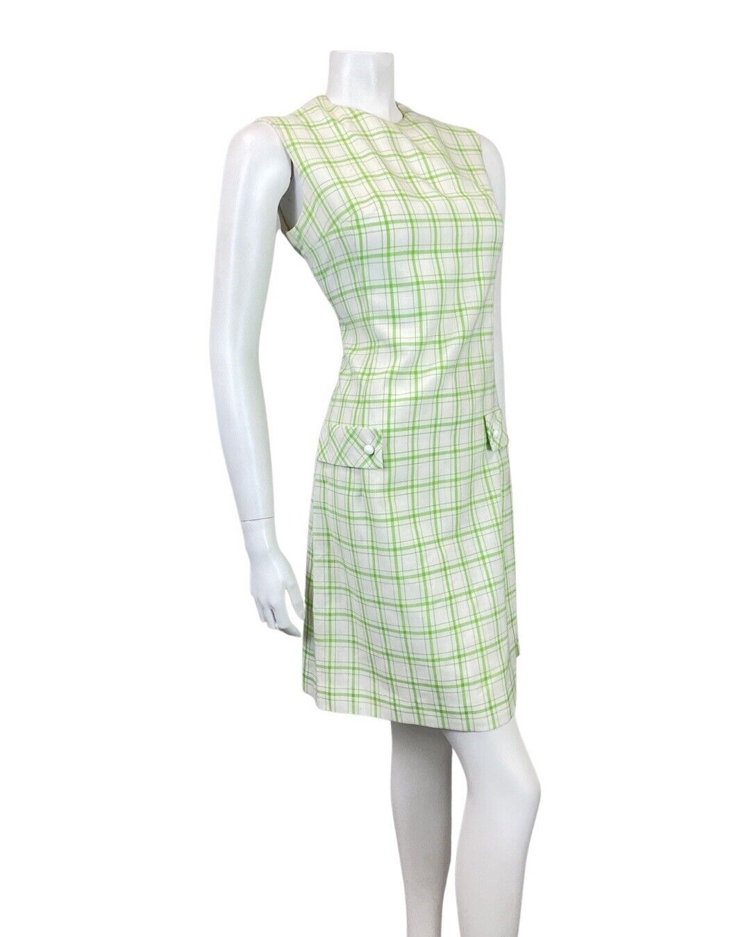 VINTAGE 60s 70s WHITE GREEN GRID CHECKED MOD SLEEVELESS SHIFT DRESS 10 12