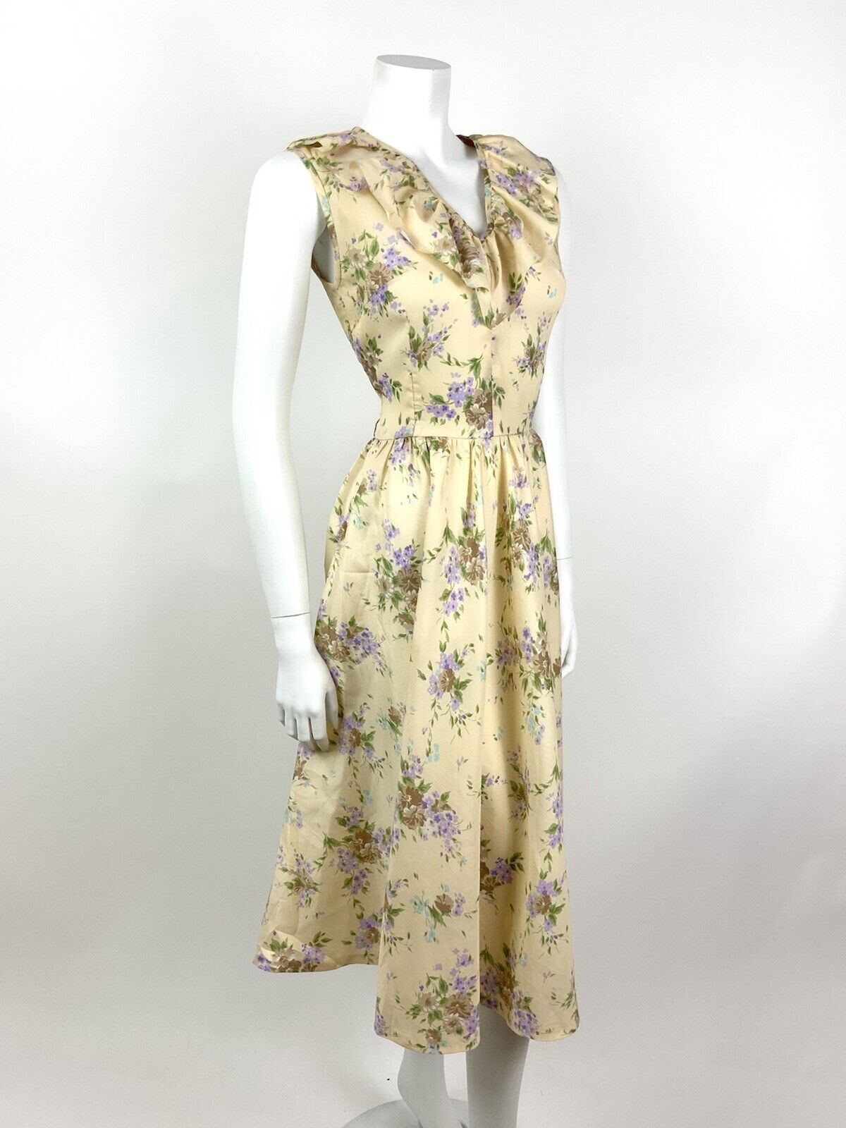 VINTAGE 60s 70s CREAM BROWN GREEN PURPLE FLORAL RUFFLE FLOATY DRESS 10 12