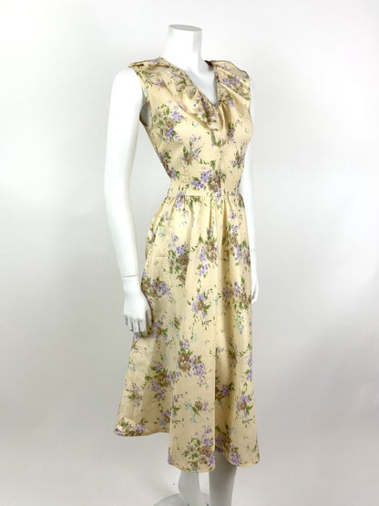 VINTAGE 60s 70s CREAM BROWN GREEN PURPLE FLORAL RUFFLE FLOATY DRESS 10 12