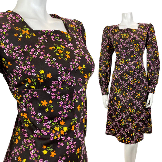 VINTAGE 60s 70s BROWN PURPLE GREEN FLORAL DITSY CHECKED EMPIRE LINE MOD DRESS 16