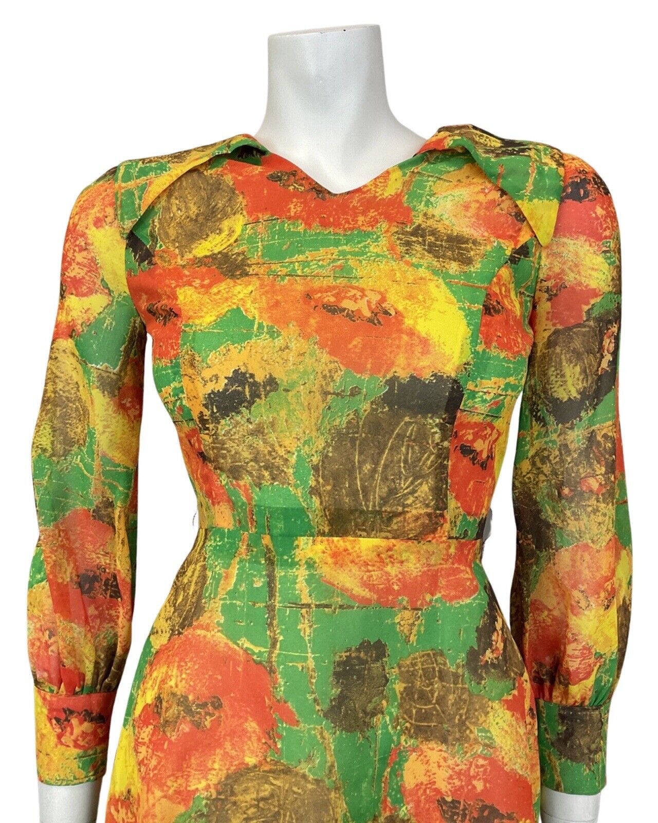VINTAGE 60s 70s YELLOW RED GREEN FLORAL POPPY SHEER WING COLLAR SHIRT DRESS 4