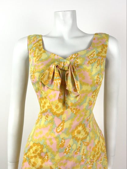 VINTAGE 60s 70s YELLOW ORANGE PINK FLORAL PSYCHEDELIC V-NECK PLEATED DRESS 10