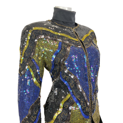 VINTAGE 70s 80s BLACK BLUE GOLD GEOMETRIC WAVY DISCO GLAM TROPHY JACKET 14 16