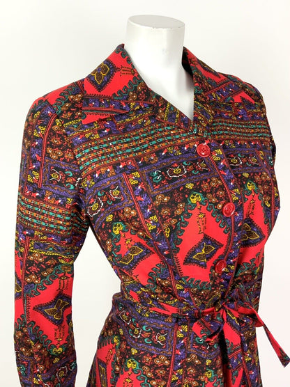 VINTAGE 60s 70s RED GREEN BLACK YELLOW PERSIAN FLORAL WING SHIRT DRESS 10 12