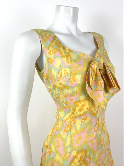 VINTAGE 60s 70s YELLOW ORANGE PINK FLORAL PSYCHEDELIC V-NECK PLEATED DRESS 10
