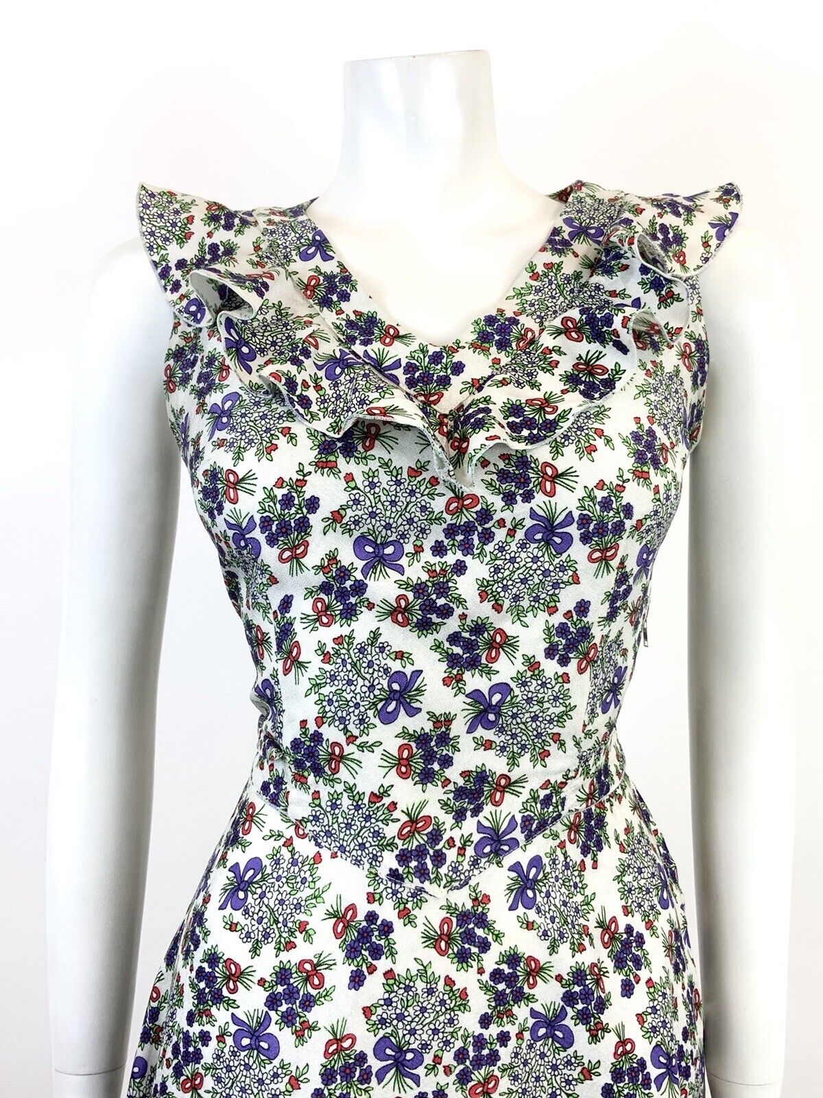 VINTAGE 60s 70s WHITE PURPLE RED GREEN FLORAL BOUQUET BOW RUFFLE DRESS 8