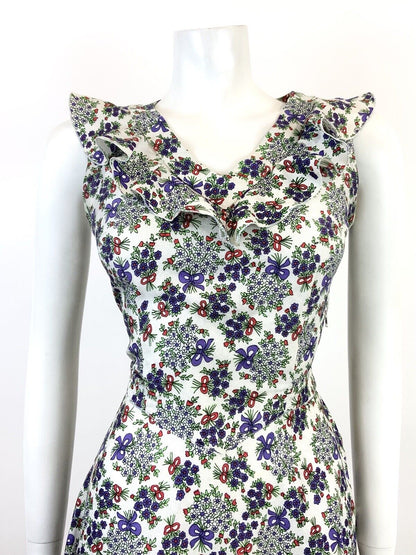 VINTAGE 60s 70s WHITE PURPLE RED GREEN FLORAL BOUQUET BOW RUFFLE DRESS 8