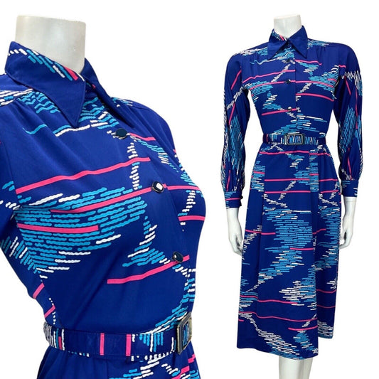 VINTAGE 60s 90s ROYAL BLUE PINK STRIPED GEOMETRIC MOD DAGGER SHIRT DRESS 8