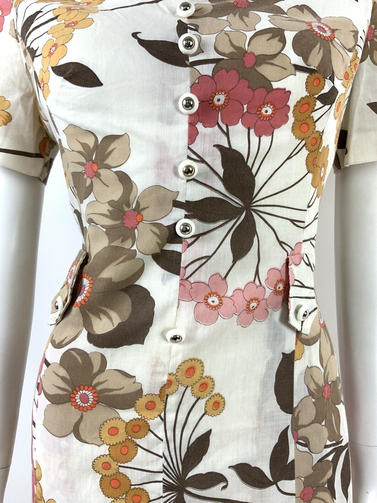 VINTAGE 60s 70s WHITE BROWN YELLOW PINK FLORAL CLOVER COLLAR DRESS 12 14