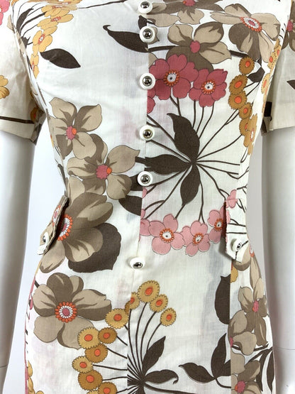 VINTAGE 60s 70s WHITE BROWN YELLOW PINK FLORAL CLOVER COLLAR DRESS 12 14