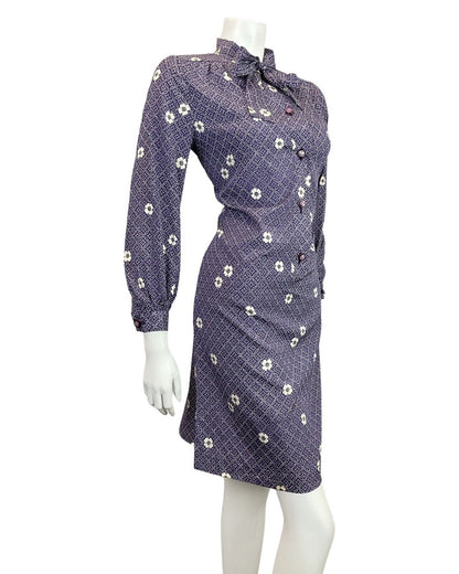 VINTAGE 60s 70s PURPLE WHITE GEOMETRIC DOTTY FLORAL PUSSYBOW SHIRT DRESS 12 14