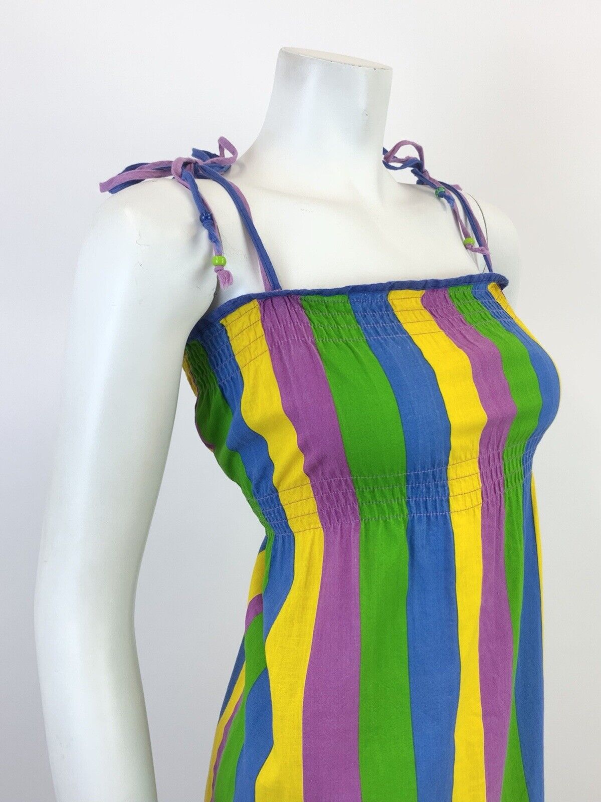 VINTAGE 70s 80s GREEN BLUE YELLOW PURPLE STRIPED STRAPPY SUMMER DRESS 10 12