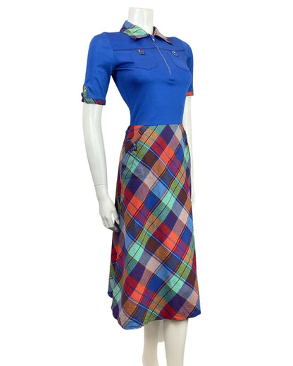 VINTAGE 60s 70s BLUE GREEN RED PLAID TARTAN MOD SWING MIDI SHIRT DRESS 8