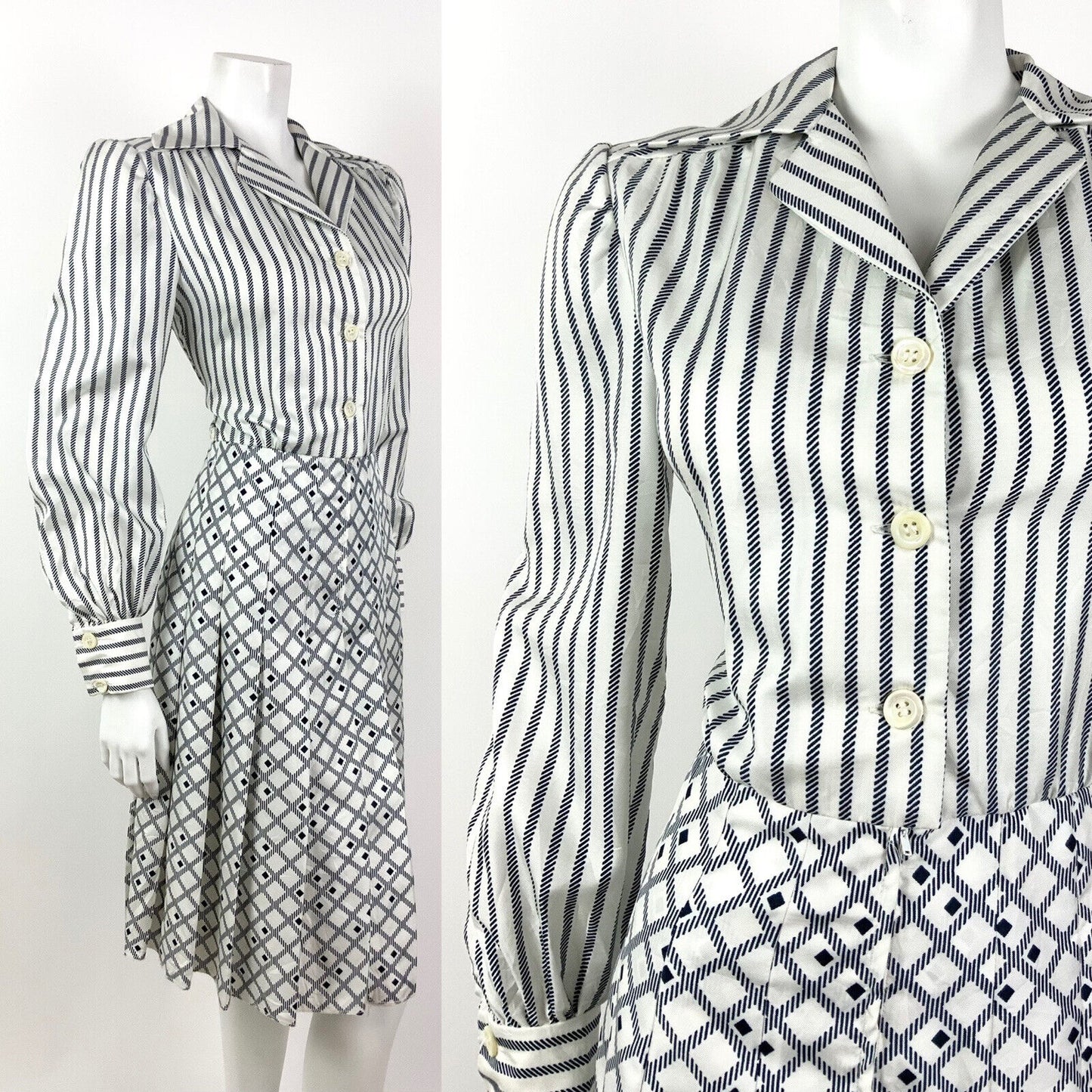 VINTAGE 60s 70s WHITE BLUE NAUTICAL STRIPED CHECKED DAGGER COLLAR SHIRT DRESS 10