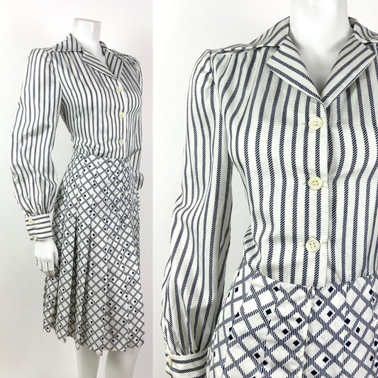 VINTAGE 60s 70s WHITE BLUE NAUTICAL STRIPED CHECKED DAGGER COLLAR SHIRT DRESS 10