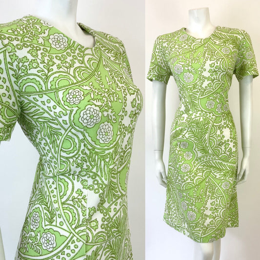 VINTAGE 60s 70s LIME GREEN WHITE PSYCHEDELIC FLORAL LEAFY MOD DRESS 12 14