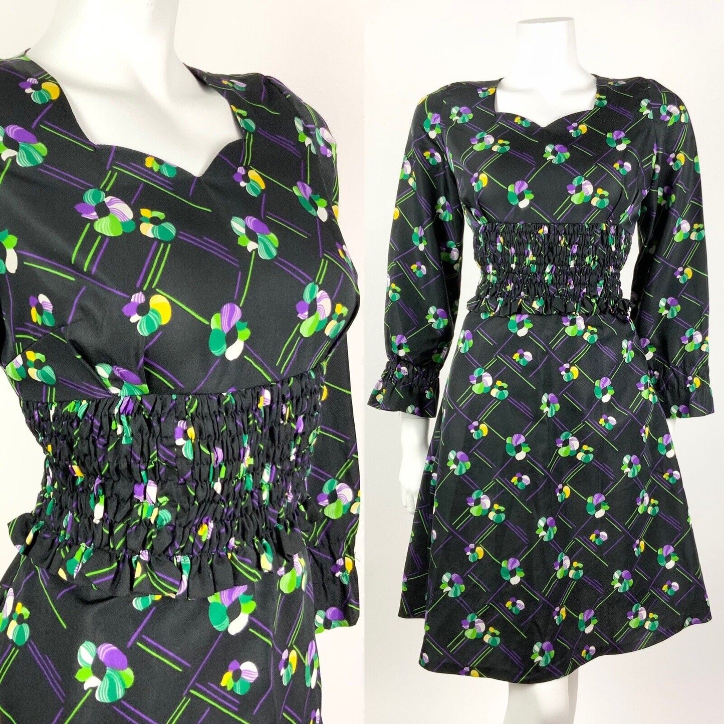 VINTAGE 60s 70s BLACK PURPLE GREEN CHECKED FLORAL SHIRRED SWEETHEART DRESS 10