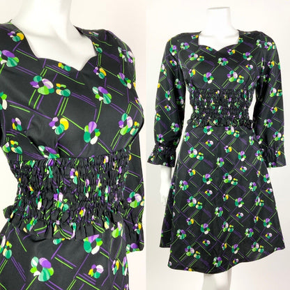 VINTAGE 60s 70s BLACK PURPLE GREEN CHECKED FLORAL SHIRRED SWEETHEART DRESS 10
