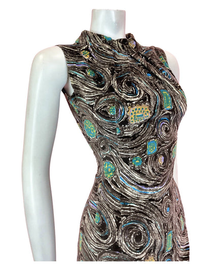 VTG 60s 70s BROWN CREAM BLUE PSYCHEDELIC SWIRL FLOWER VELVET WIGGLE DRESS 8 10