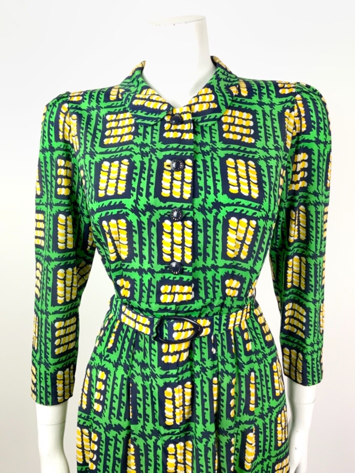 VTG 60s 70s GREEN BLUE YELLOW GEOMETRIC SQUARE PETER PAN COLLAR SHIRT DRESS 8 10