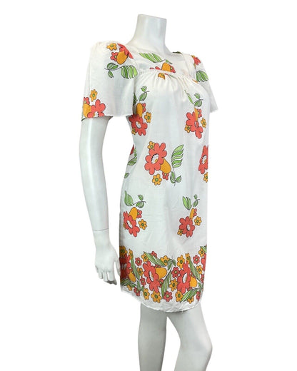 VINTAGE 60s 70s WHITE RED YELLOW FLORAL SUMMER MOD TENT YOKE DRESS 10