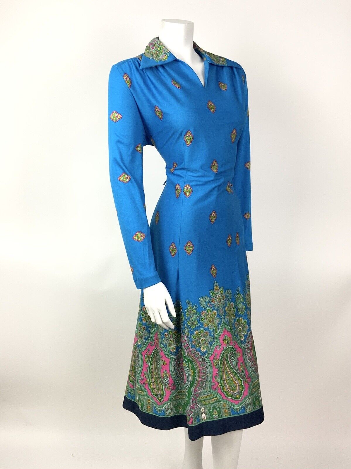 VTG 60s 70s BLUE PINK GREEN FLORAL PAISLEY INDIAN ETHNIC DAGGER COLLAR DRESS 16