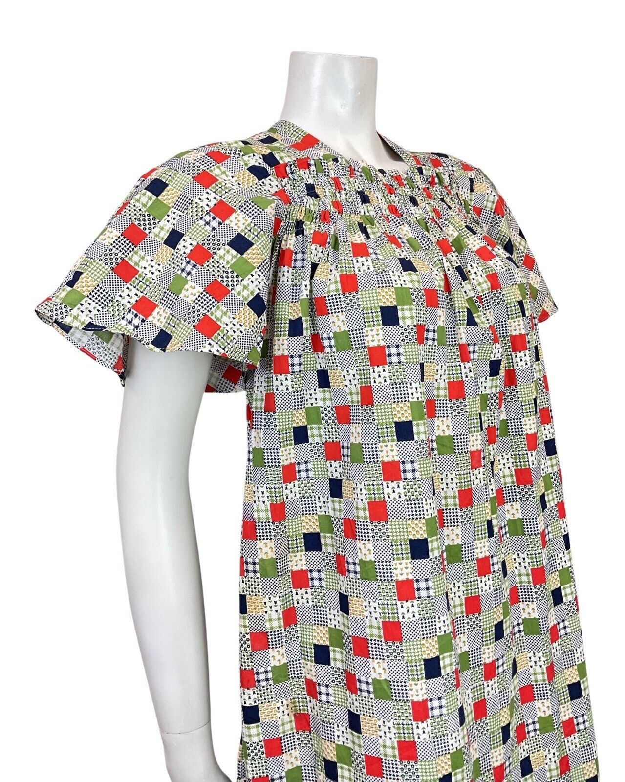 VINTAGE 60s 70s WHITE BLUE GREEN PATCHWORK FLORAL GINGHAM TENT A-LINE DRESS 6 8
