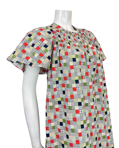 VINTAGE 60s 70s WHITE BLUE GREEN PATCHWORK FLORAL GINGHAM TENT A-LINE DRESS 6 8