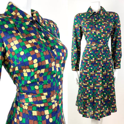 VINTAGE 60s 70s GREEN BLUE BROWN GEOMETRIC CHECKED DOTTY DAGGER SHIRT DRESS 12
