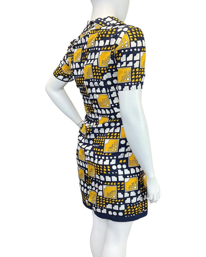 VINTAGE 60s 70s NAVY BLUE WHITE YELLOW GEOMETRIC MOD PLEATED DAGGER DRESS 16