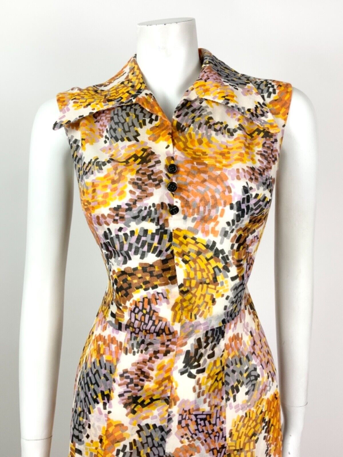 VINTAGE 60s 70s WHITE BROWN ORANGE YELLOW PSYCHEDELIC WING COLLAR DRESS 10