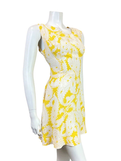 VINTAGE 60s 70s SUNSHINE YELLOW WHITE FLORAL PAISLEY MOD SLEEVELESS DRESS 10 12